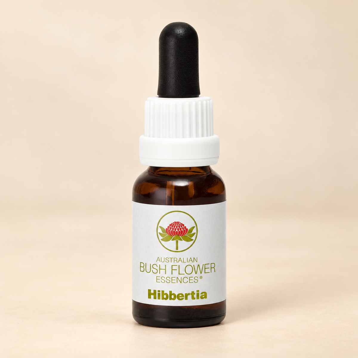 Australian Bush Flower Hibbertia Stock Essence – 15ml bottle on a warm beige background