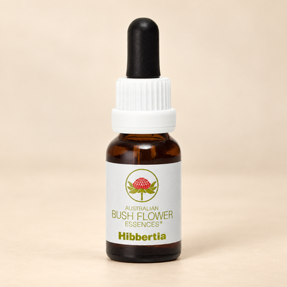 Australian Bush Flower Hibbertia Stock Essence – 15ml bottle on a warm beige background