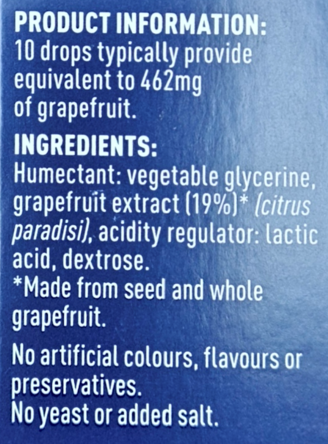 Product information label with ingredients on a blue background