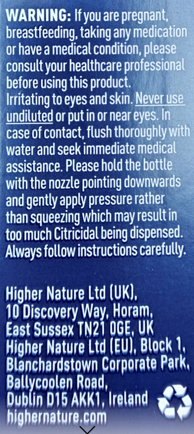Product label with text and contact information on a blue background