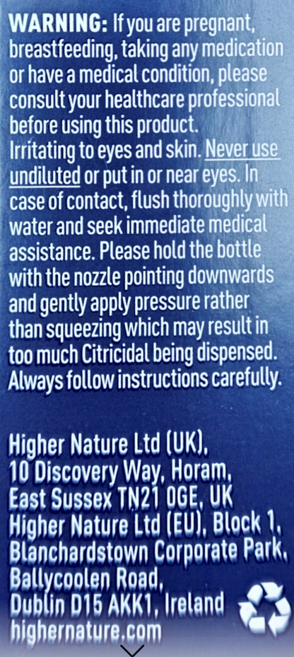 Product label with text and contact information on a blue background