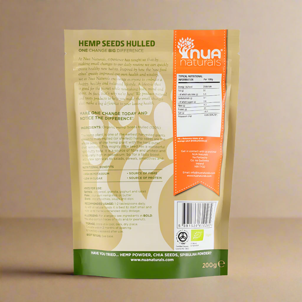 Package of hulled hemp seeds by Nua Naturals with nutritional information on a white background