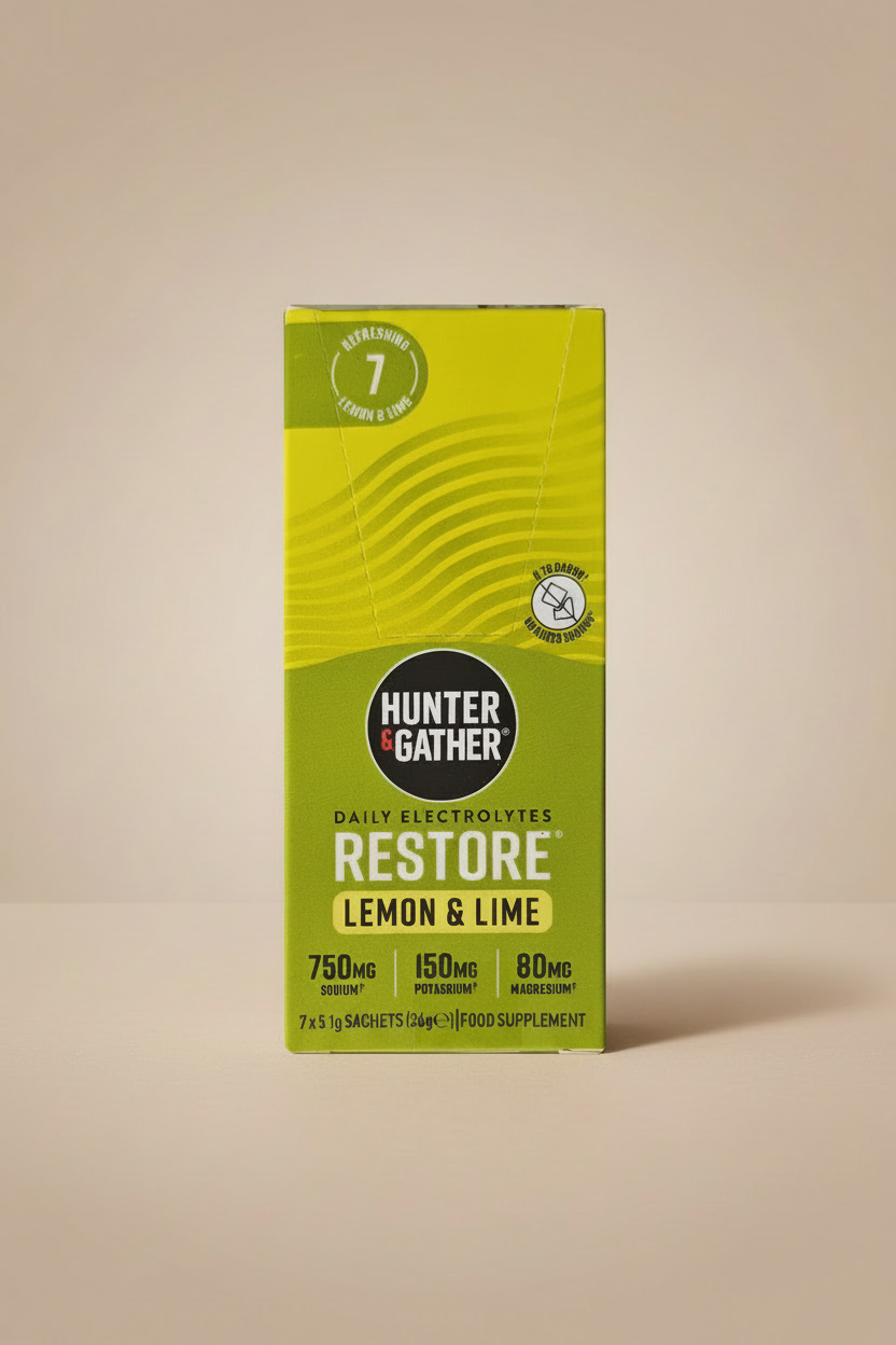 Box of Hunter & Gather Restore Lemon & Lime daily electrolytes on a white background