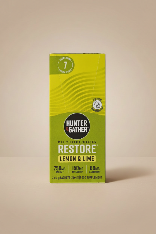 Box of Hunter & Gather Restore Lemon & Lime daily electrolytes on a white background
