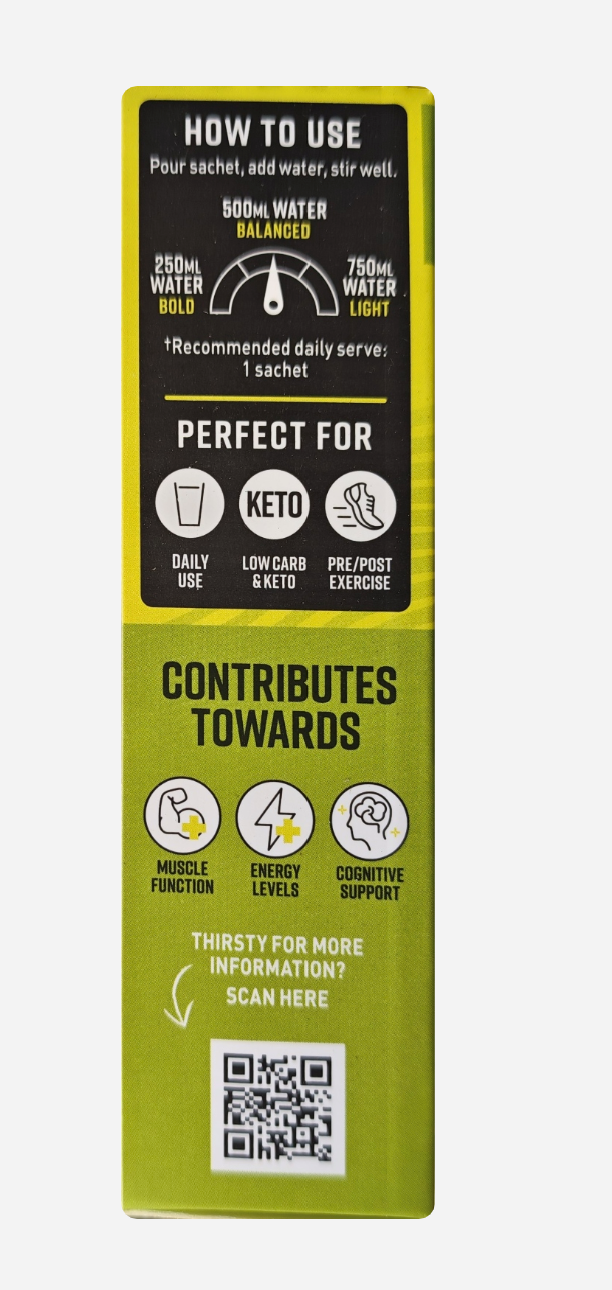 Yellow and black product packaging with text and icons on a white background