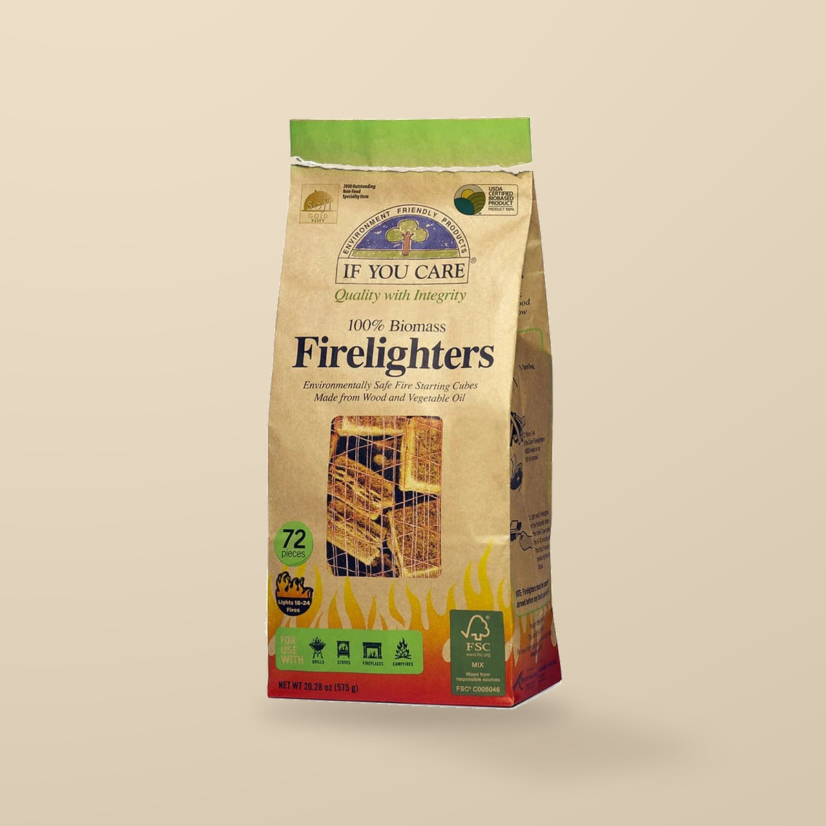 If You Care 100% Biomass Firelighters – 72 Pieces — original product packaging on warm beige background