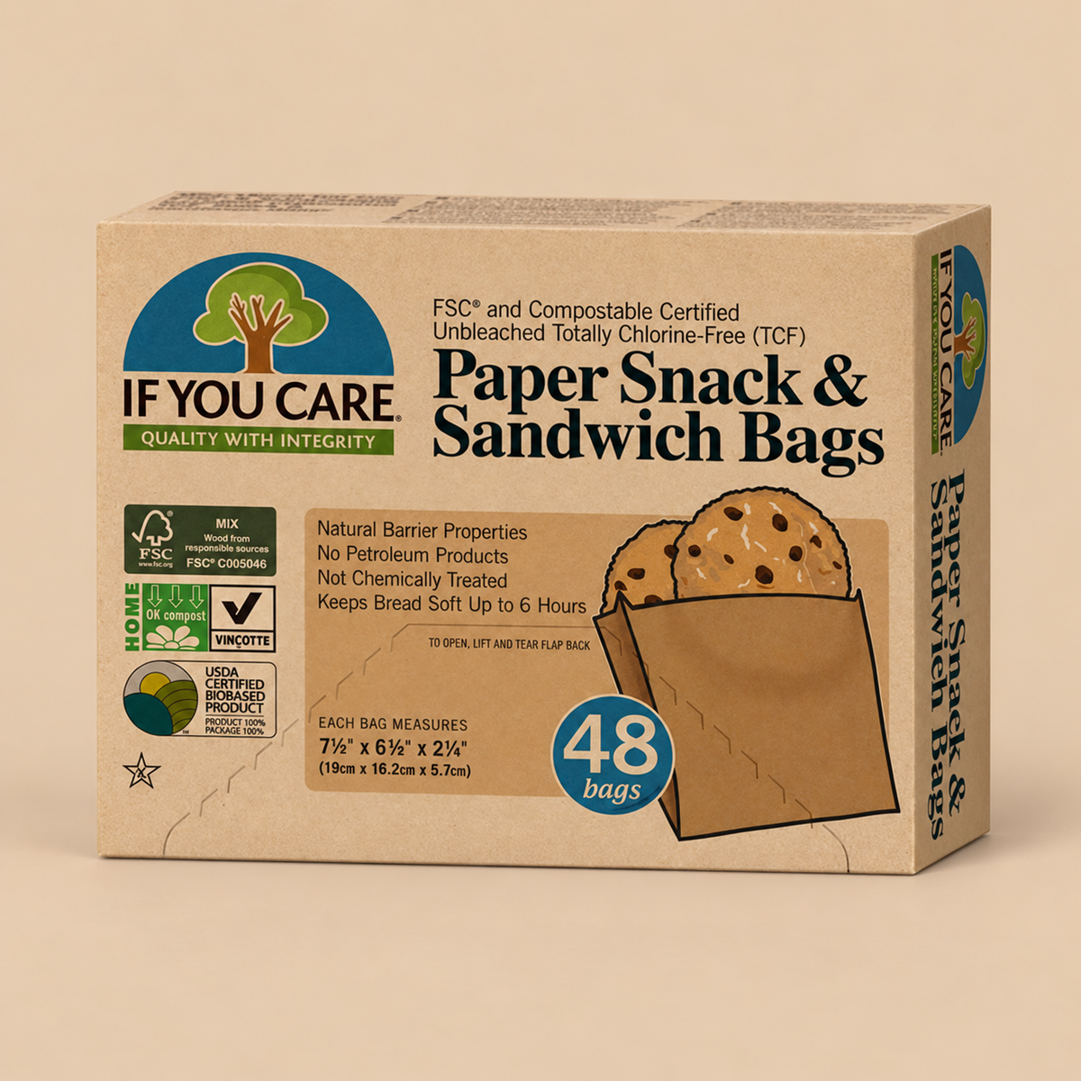 If You Care Unbleached Paper Snack & Sandwich Bags – 48 Bags — product pack on a beige background