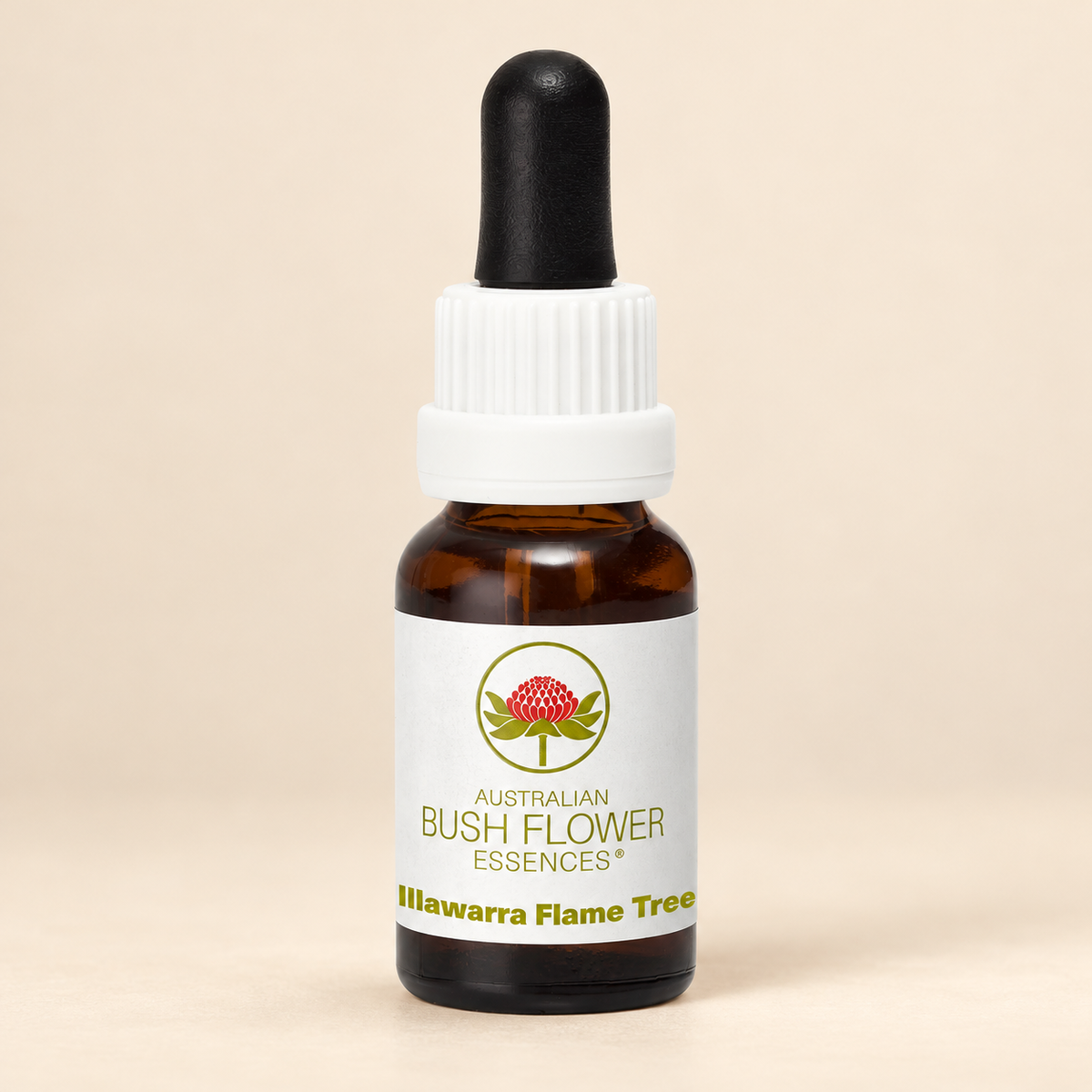 Australian Bush Flower Illawarra Flame Tree Stock Essence – 15ml bottle on a warm beige background