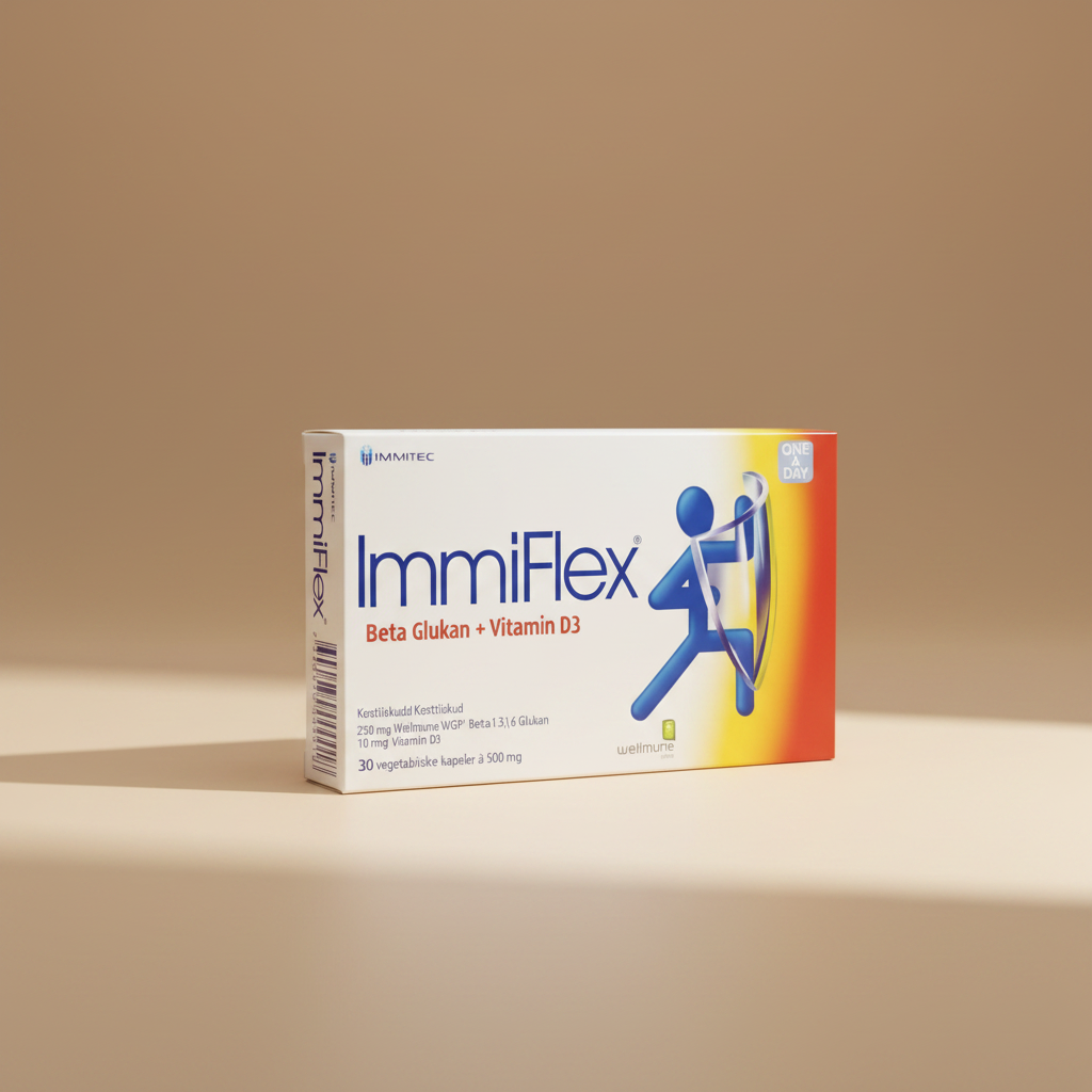 A box of ImmiFlex Beta Glukan + Vitamin D3 by wellmune and Immitec, featuring a white background with blue and red text and a blue running figure graphic.