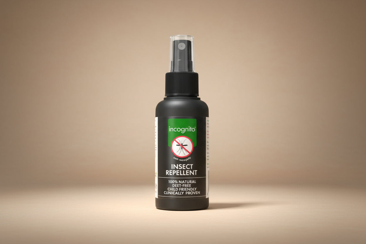 Insect repellent spray bottle with 'incognito' branding on a white background