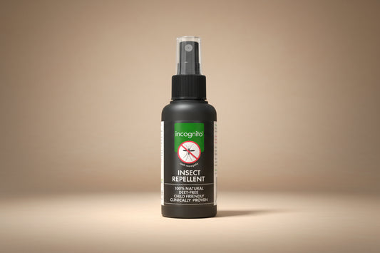 Insect repellent spray bottle with 'incognito' branding on a white background