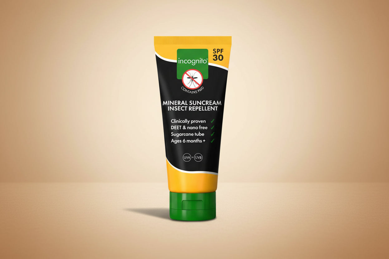 Tube of incognito mineral suncream insect repellent on a white background