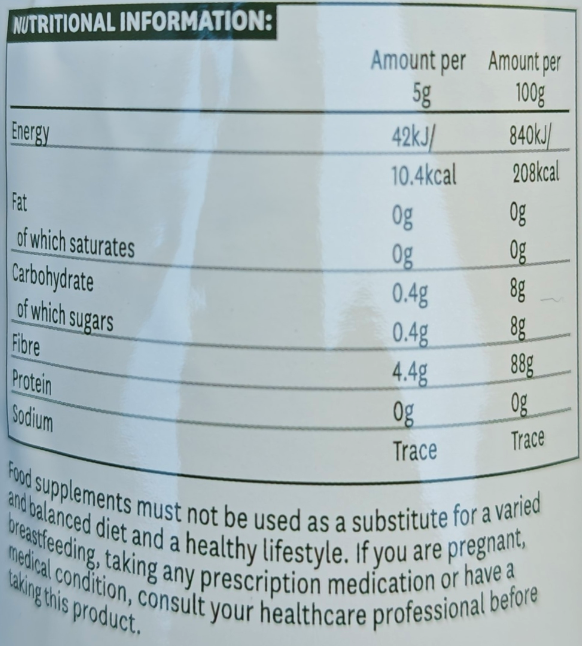 Nutritional information label on a product packaging