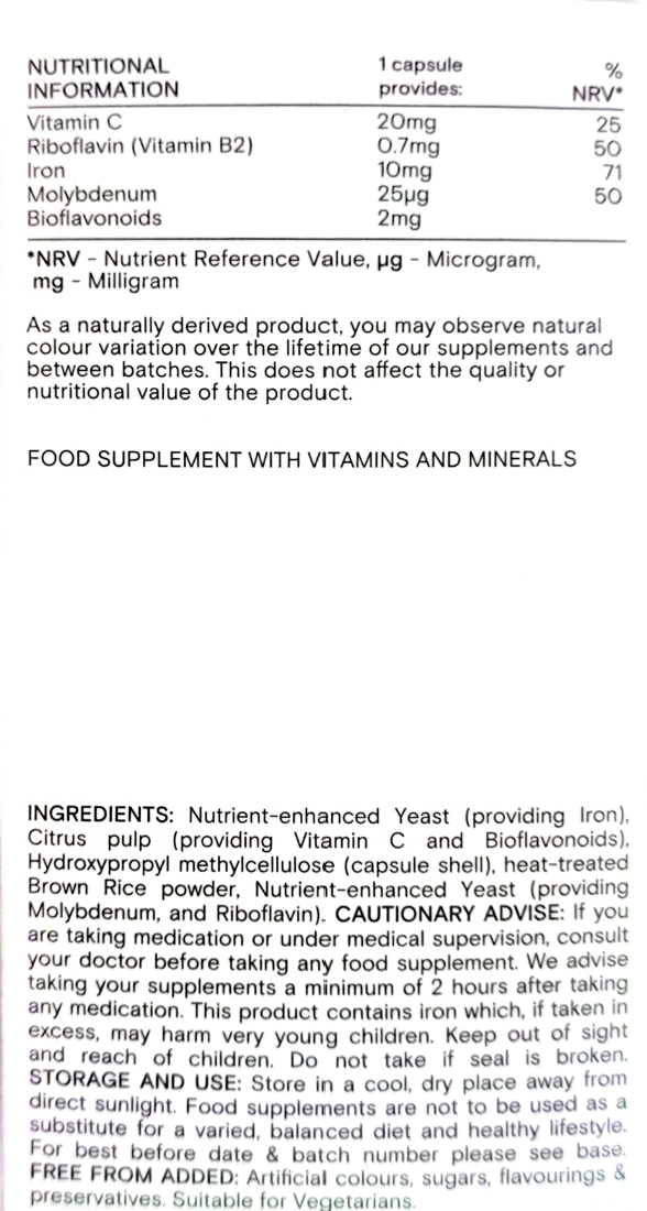 A product information sheet for a food supplement, showing a table of nutrient information and ingredients text on a white background.