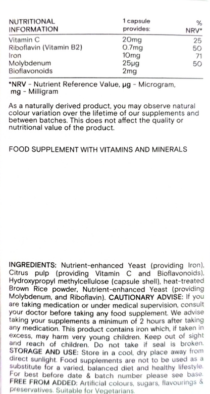 A product information sheet for a food supplement, showing a table of nutrient information and ingredients text on a white background.