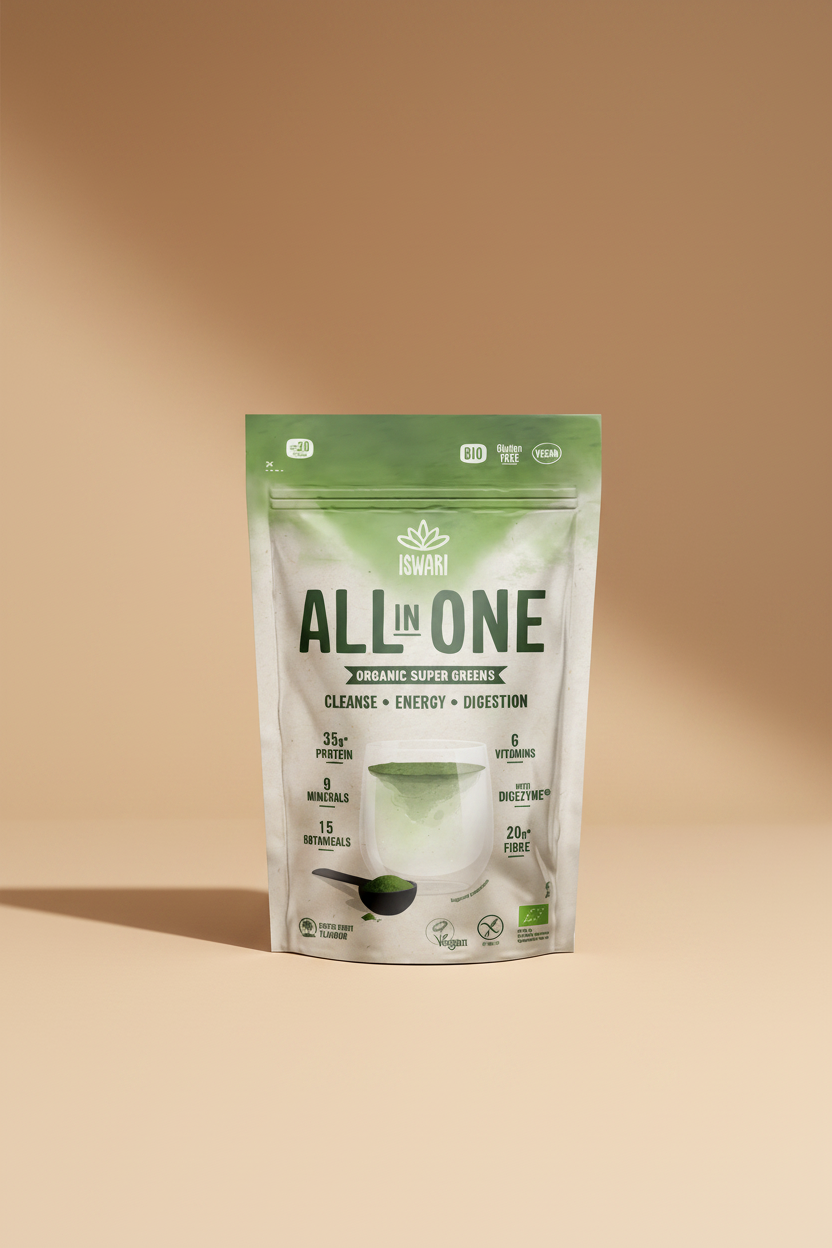 ISWARI All in One Organic Super Greens package on a white background
