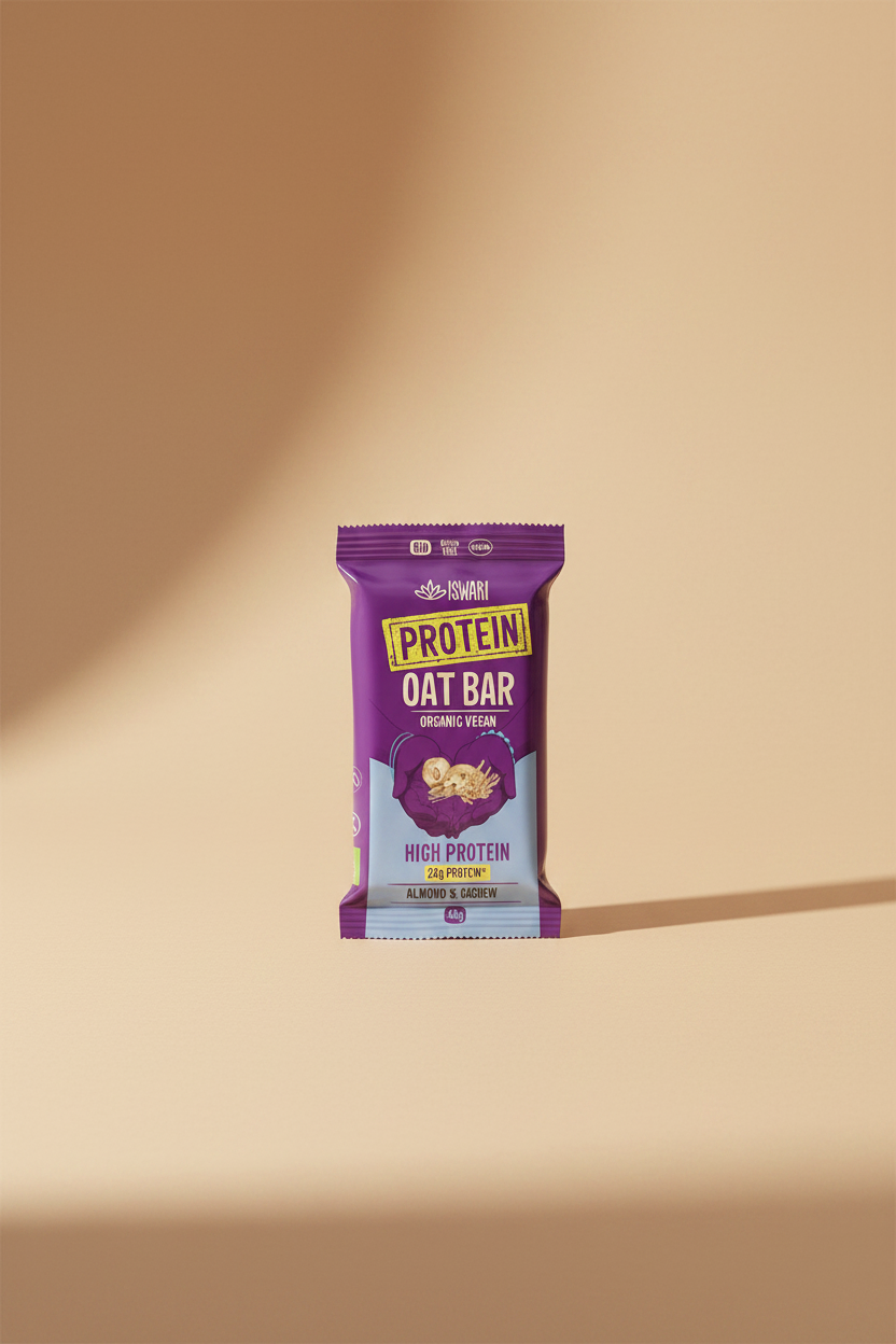 Purple protein oat bar packaging with 'Iswari' branding on a white background