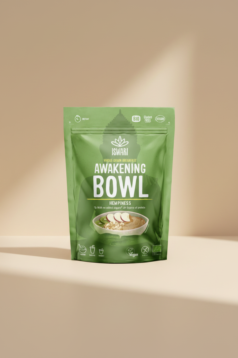 Green package of Iswari Awakening Bowl with a bowl of food on a white background