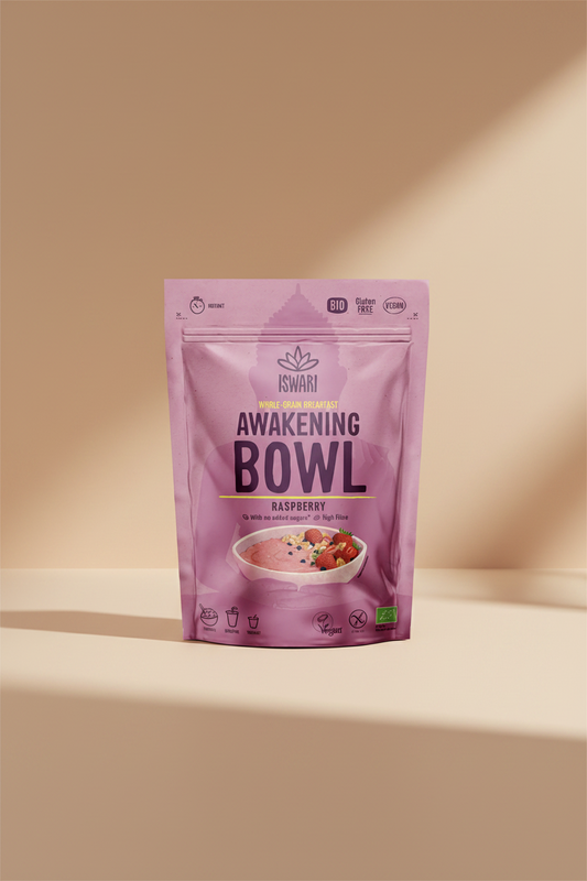 Purple package of Iswari Awakening Bowl with raspberry flavor on a white background