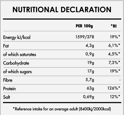 A black and white nutritional declaration label showing per 100g values for energy, fat, carbohydrates, fibre, protein, and salt, along with reference intake values.