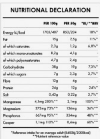 Nutritional declaration table with various nutrients and their values per 100g and 50g.