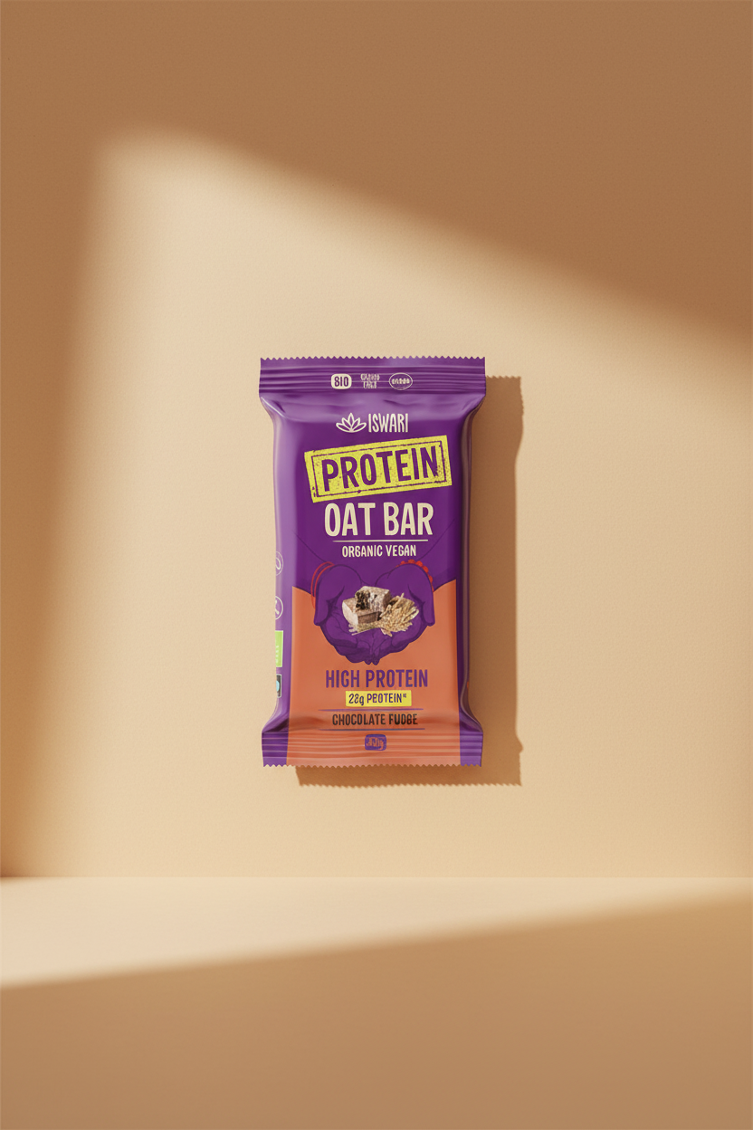 Iswari Protein Oat Bar packaging with purple and orange design on a white background