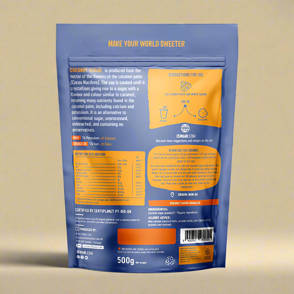 Ingredients and label of Iswari Coconut Sugar Organic 500g