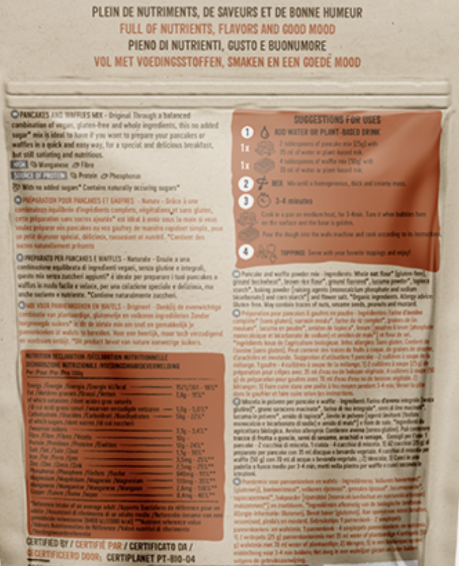 Back of a food package with text and nutritional information