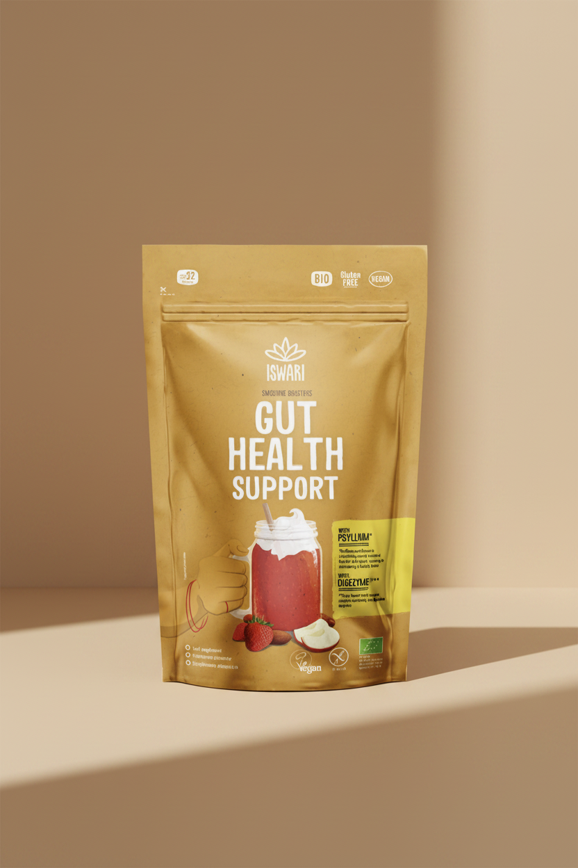 Package of ISWAN Gut Health Support with a smoothie illustration on a white background