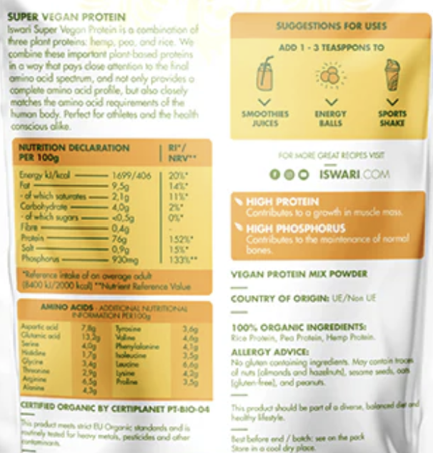 Vegan protein powder packaging with nutritional information and usage suggestions.