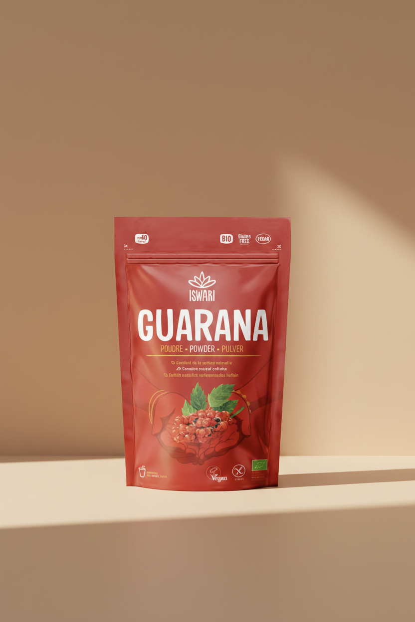 Red package of Iswari Guarana powder with branding and nutritional information.