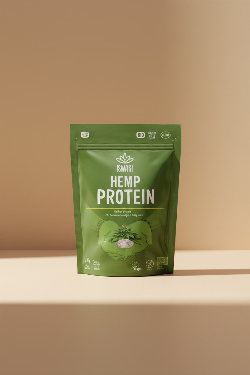 Green package of Iswari Hemp Protein on a white background