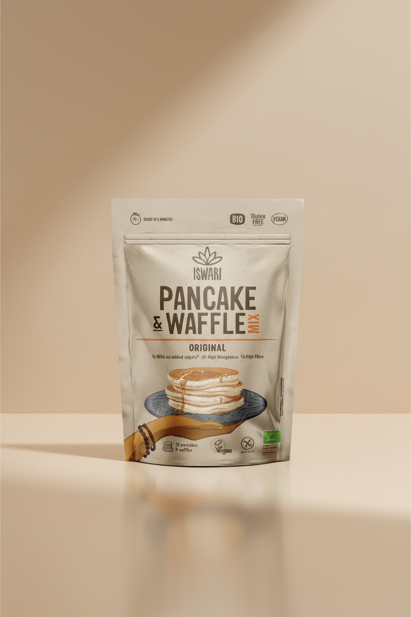 Pacakge of Iswari Pancake & Waffle Mix on a white background