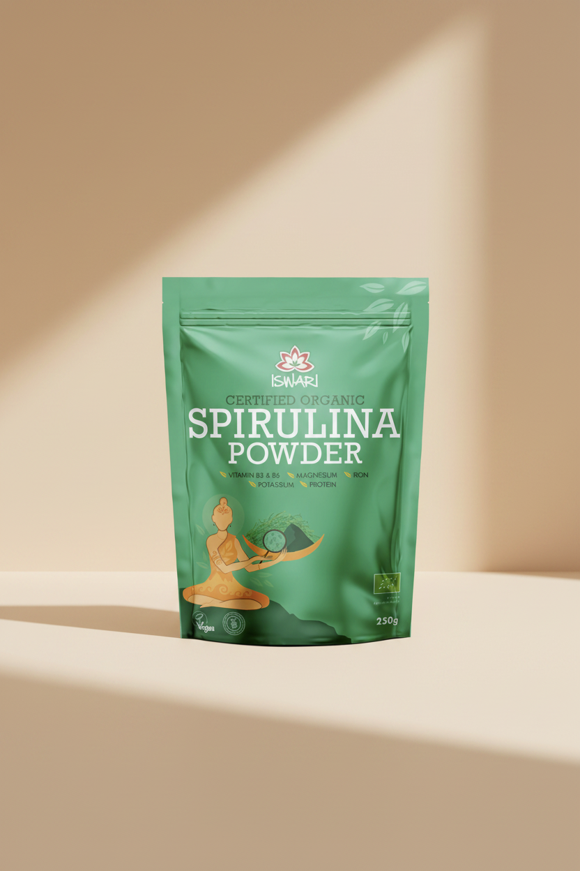 Green package of Iswari Certified Organic Spirulina Powder with a figure holding a bowl on a white background