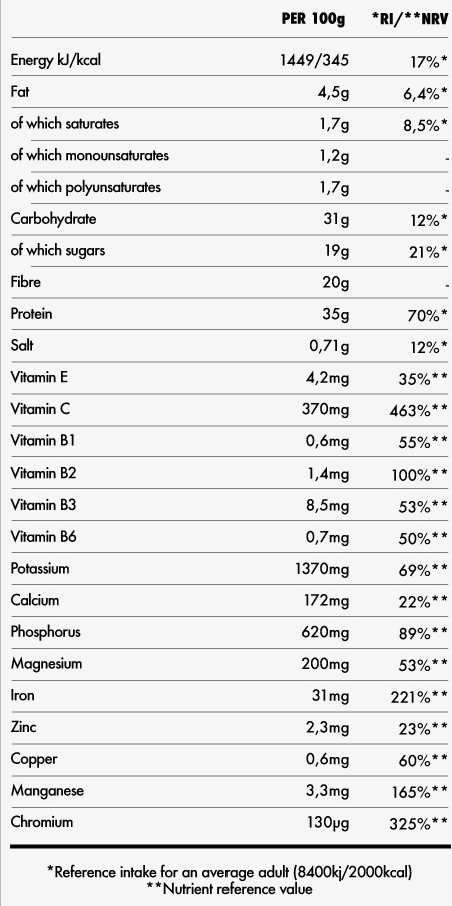 Nutritional information table per 100g with values and percentages.