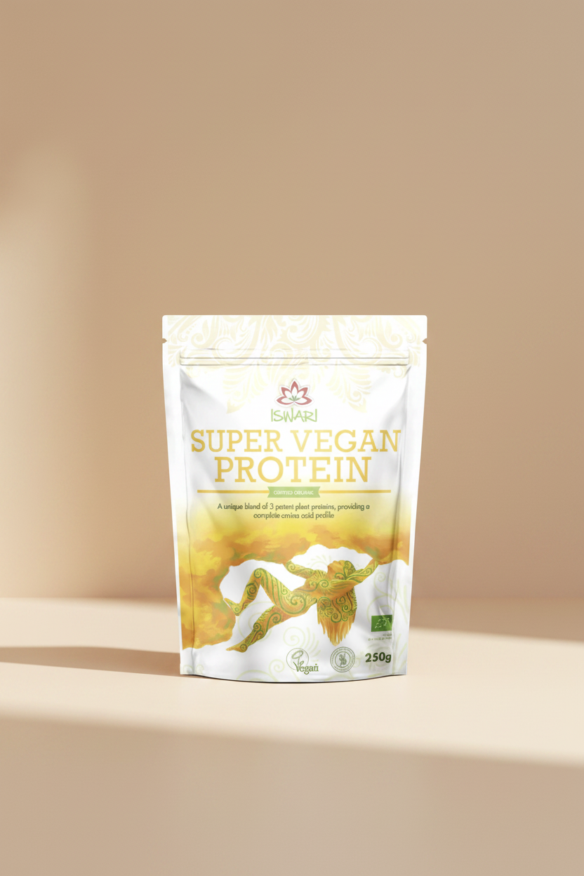 Package of Iswari Super Vegan Protein on a white background