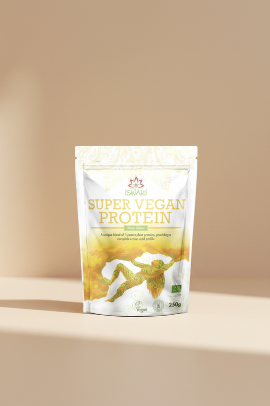 Package of Iswari Super Vegan Protein on a white background