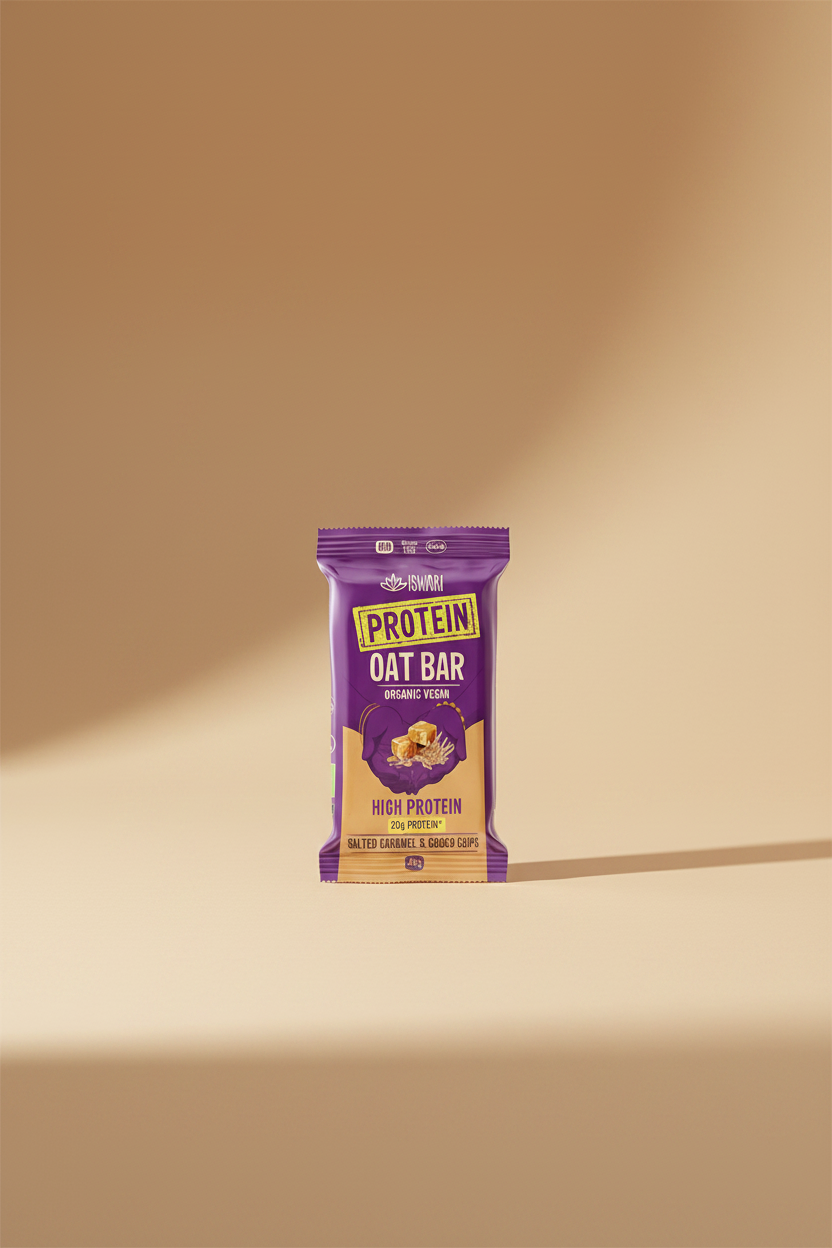 Purple package of Iswari Protein Oat Bar with caramel and chocolate chips on a white background