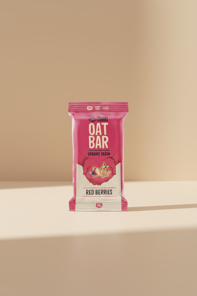 Oat bar package with red berries flavor on a white background