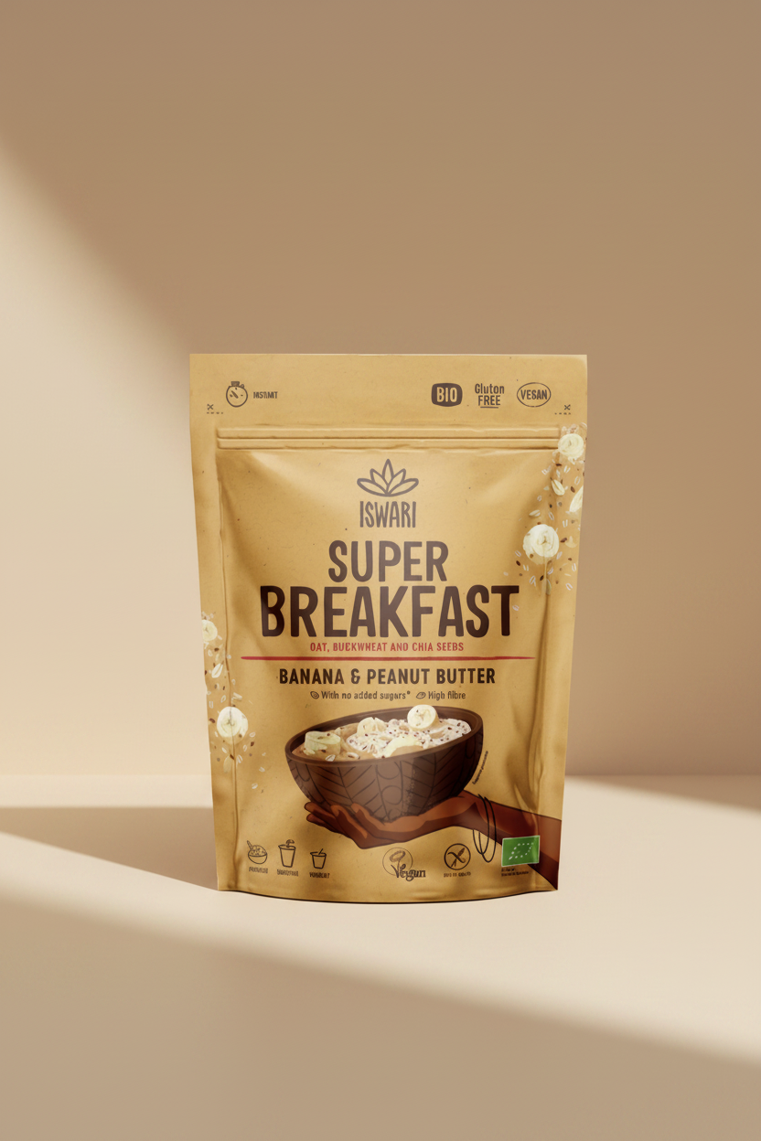 Iswari Super Breakfast package with banana and peanut butter flavor on a beige background