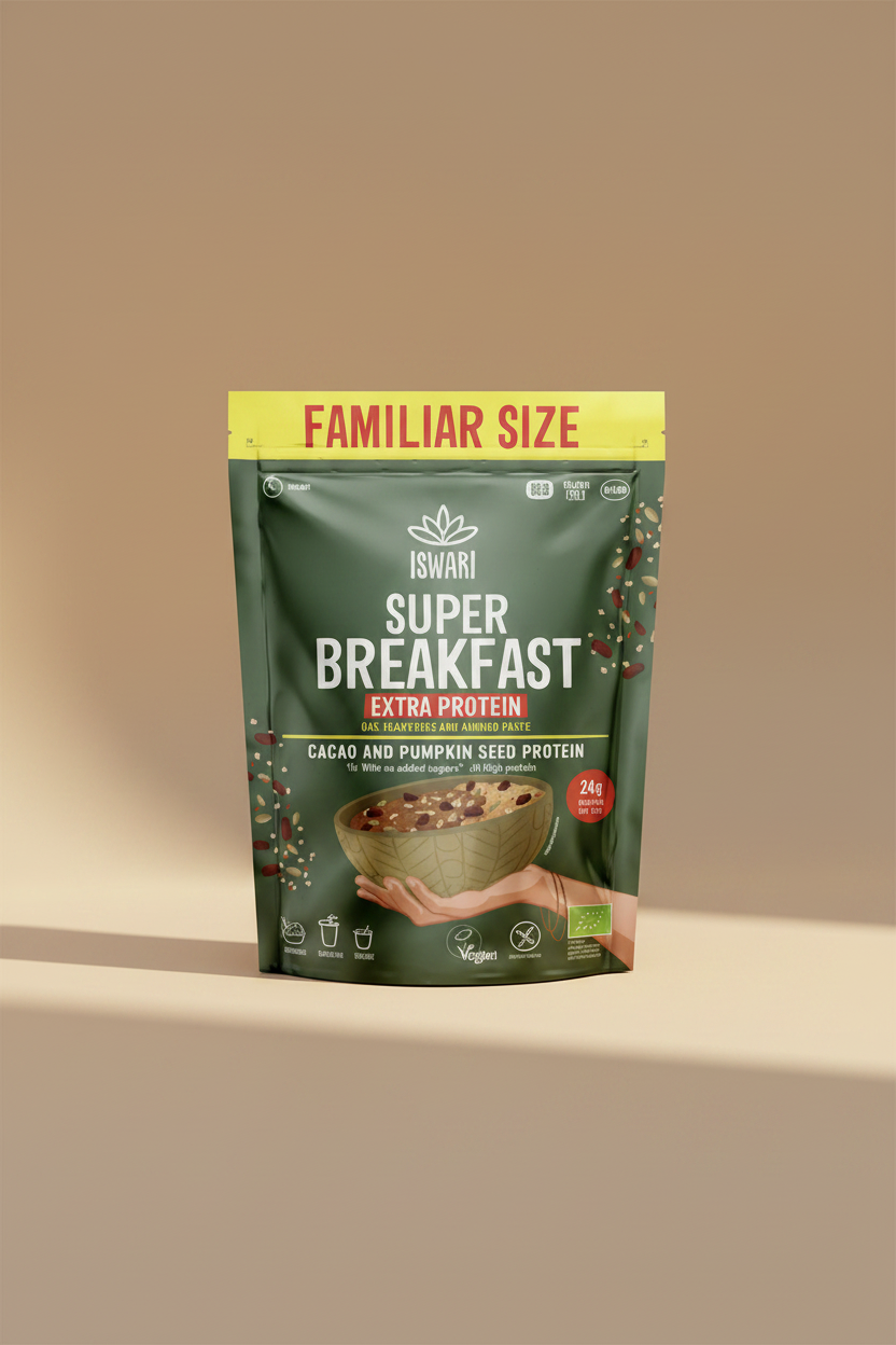 Iswari Super Breakfast Extra Protein packaging with a green background and yellow banner.