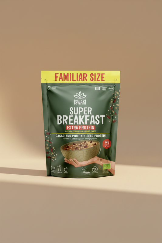 Iswari Super Breakfast Extra Protein packaging with a green background and yellow banner.