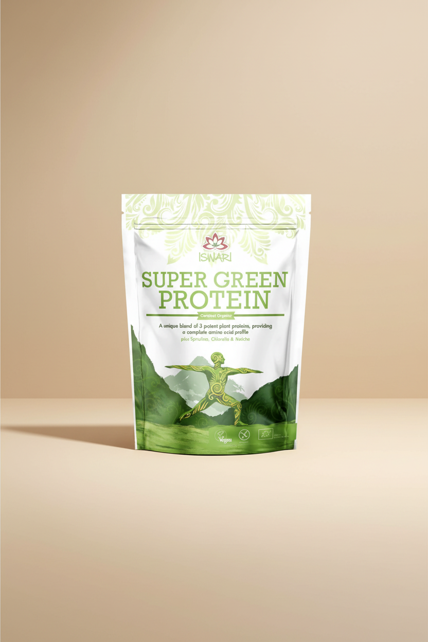 Super Green Protein package with branding and product details on a white background