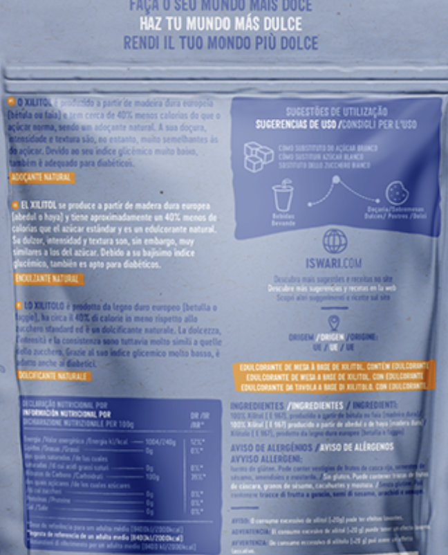 Product packaging with text and branding on a blue background