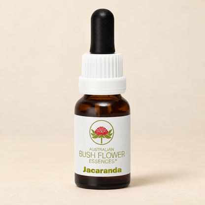 Australian Bush Flower Jacaranda Stock Essence – 15ml bottle on a warm beige background