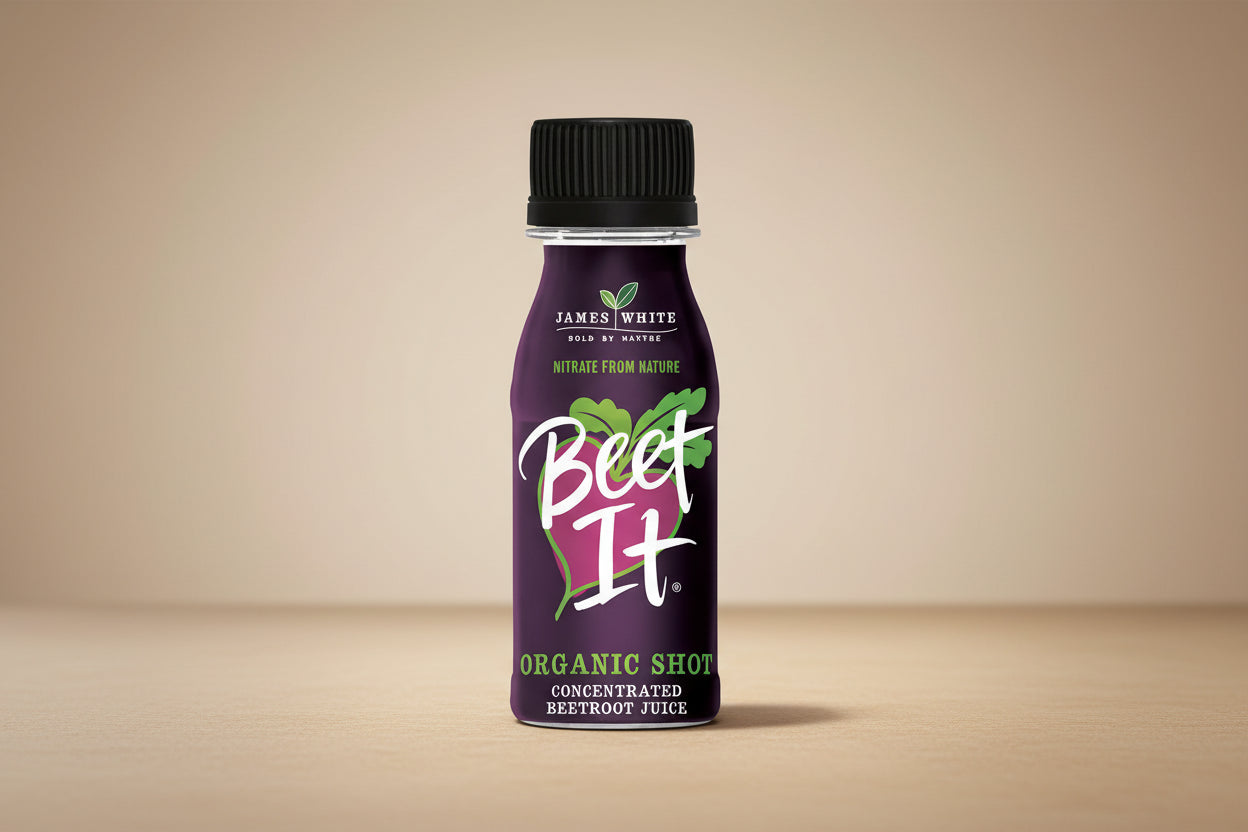 Bottle of 'Beet It' organic shot on a white background