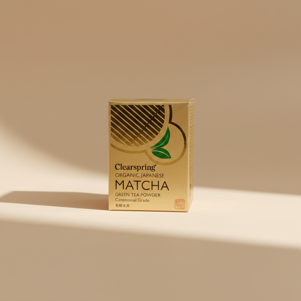 A box of Clearspring Organic Japanese Matcha Green Tea Powder, featuring a metallic gold design with a green leaf logo, resting on crumpled clear plastic against a blue background.