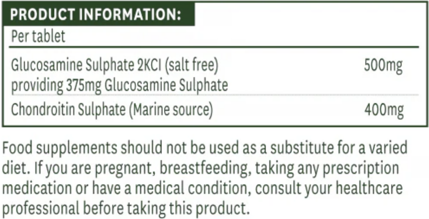 Product information label for glucosamine and chondroitin supplements with dosage details.