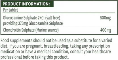 Product information label for glucosamine and chondroitin supplements with dosage details.