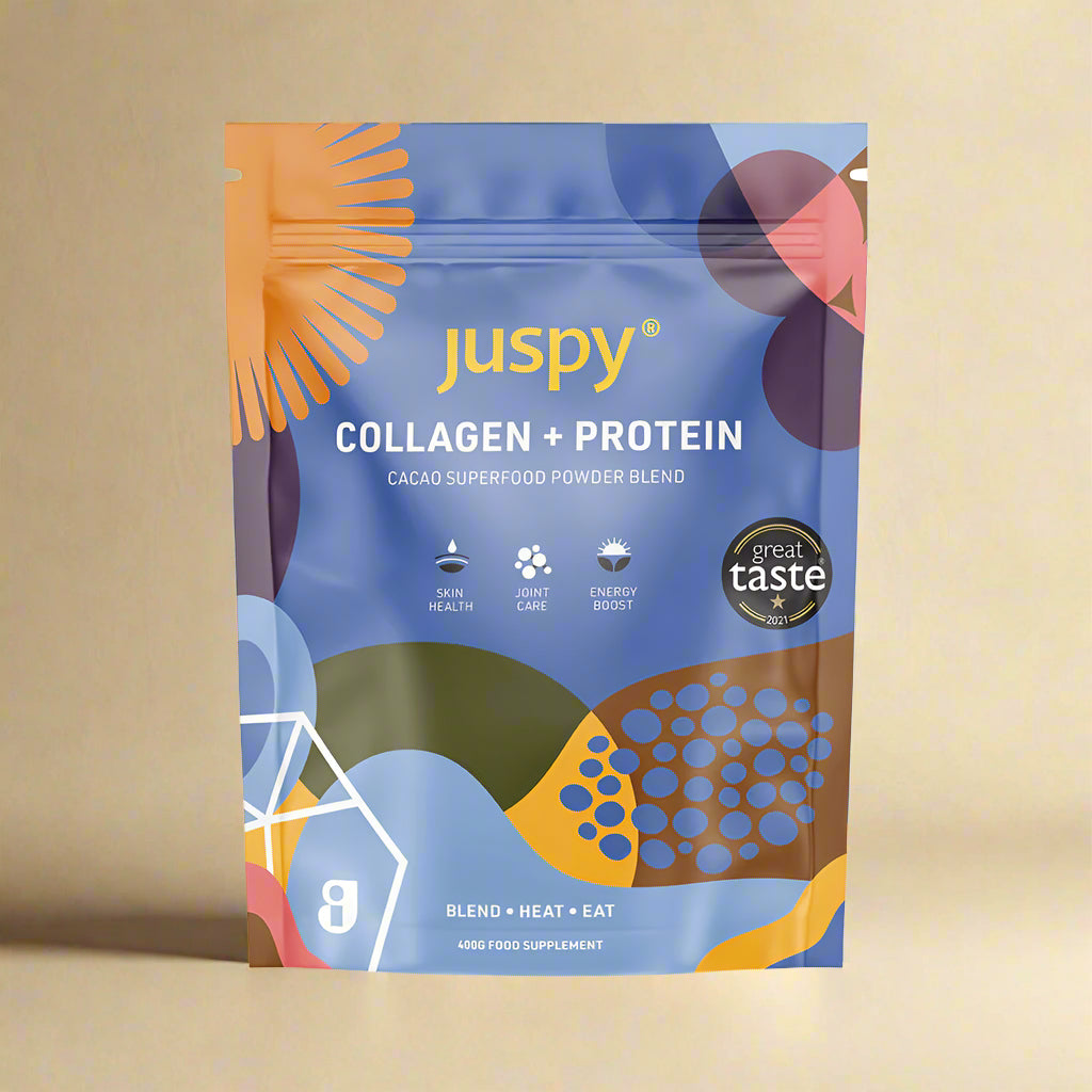 Juspy Collagen Protein Cacao Blend 200g front pouch – buy in Ireland from IHS Irish Health Store